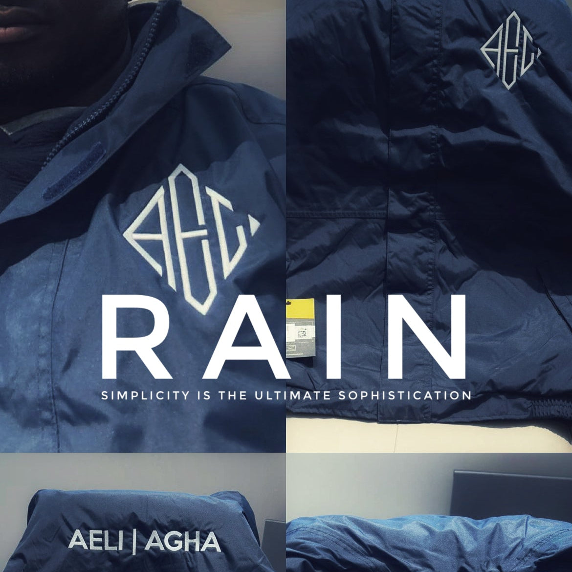 Collage of a navy blue jacket with brand logo and text on a chair.